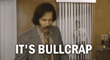 Movie gif. Paul Rudd as Brian Fantana in Anchorman nods his head causing his stiff hangs to bounce and angrily yells, “It’s Bullcrap!”