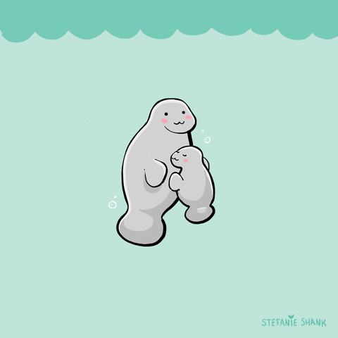 Pohyblivá animace s objímajícím se malým a velkým tuleněm pod hladinou moře.