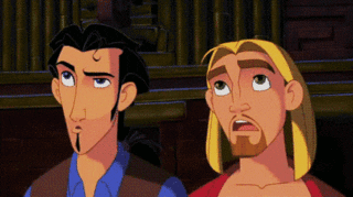 Cartoon gif. Miguel and Tulio from The Road to El Dorado scream simultaneously as their hands clench and eyes widen.