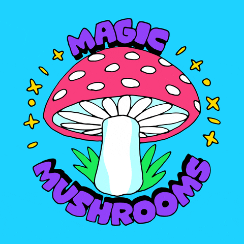 Digital art gif. Cartoon pink and white mushroom spins around before transforming into a circle with a strike through it superimposed over a menacing gray mushroom cloud, all against a sky blue background. Text, "Magic mushrooms, not mushroom clouds."