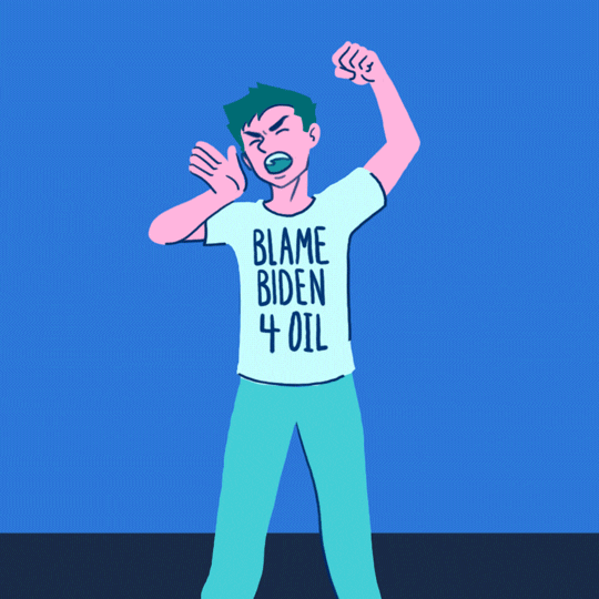 Illustrated gif. Young man grimaces and pumps his fist while wearing a shirt that reads, "Blame Biden 4 oil." We zoom out to see a nefarious puppeteer in a monocle and top hat pulling strings attached to the young man as he leans over in front of a white background. Text, "Don't be a puppet to big oil."