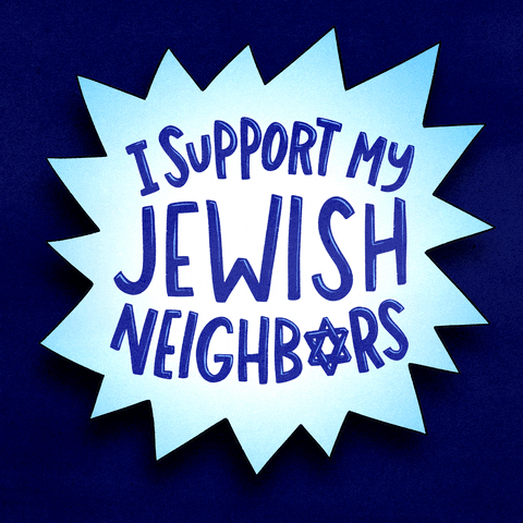 Text gif. Baby blue dodecagram on a royal blue background jiggles with pride, reading, "I support my Jewish neighbors," a star of David in place of the O.