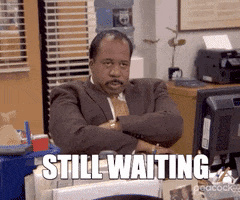 The Office gif. Leslie David Baker as Stanley Hudson looks pointedly across the room, his arms folded over his chest in a way that says, "I'm over this." Text: Still waiting.