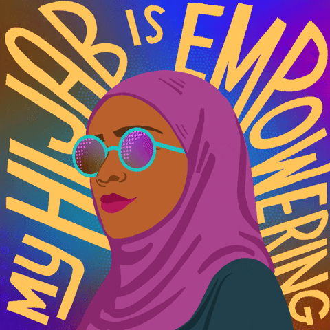 Illustrated gif. Woman wearing a fuchsia hijab with matching lipstick and reflective sunglasses looks off into the distance in front of a jewel-toned background. Text, "My hijab is empowering."