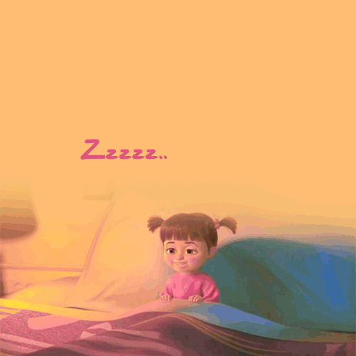 Movie gif. Boo from Monsters Inc sits up in bed as she suddenly plops down asleep on the pillow. Snoozing Z's read, "Zzzzz"