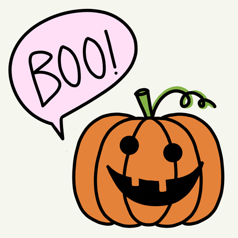 Illustrated gif. A word bubble above a teetering jack-o-lantern says, "Boo!" 