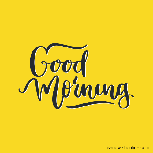 Text gif. Against a cheerful yellow backdrop appears the shining sun and a cup of coffee. Text, “Good Morning.”