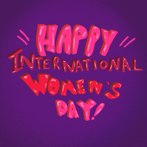 Text gif. Two white stars twinkle beside hot pink, mauve, and magenta text with emphasis lines. Text, "Happy International Women's Day!"