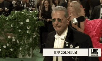 Met Gala 2024 gif. Jeff Goldblum playfully snaps white gloves against his hand and smiles. He's wearing a long black overcoat, loose-fitting black suit, straight leg black trousers, opera-ready ivory colored scarf in a long ribbon-style bowtie, and green-tinted round gold-framed glasses. 