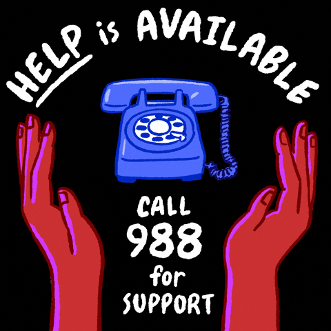 Digital illustration gif. Red hands hover around a blue telephone surrounded by expanding blue lines for emphasis. Text, "Help is Available. Call 988 for support."