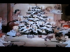 Cartoon gif. Eight children in pajamas play in a living room around a Christmas tree, some taking items off the tree and others animatedly playing with toys, suggesting a scene of chaos.