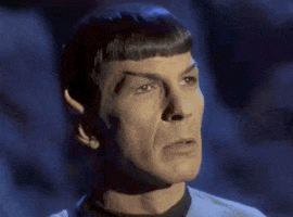 TV gif. Leonard Nimoy as Spock in Star Trek turns toward us slightly as he raises an eyebrow. 