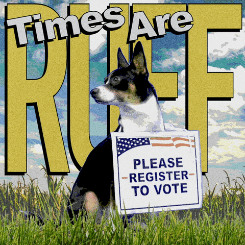 Digital art gif. Attentive terrier dog sits in the grass with a sign around its neck that reads, “Please register to vote.” Behind the dog against a cloudy sky is the text, “Times are ruff.”