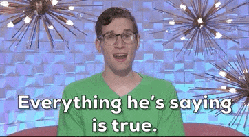 Reality TV gif. A contestant from Big Brother sits on a couch during an interview shrugging and expressing, "Everything he's saying is true."