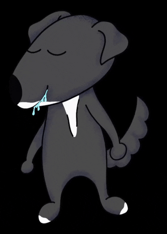 Animated black dog prancing happily with a wagging tail