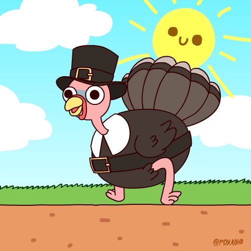 Cartoon gif. A Turkey dressed as a pilgrim hops along a dirt road on a sunny day. The sun has a cute smile and stares at us.
