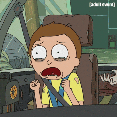 Gif of cartoon character from Rick and Morty sitting in car crying dramatically