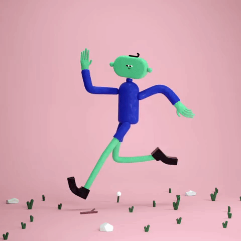 Digital art gif. A thin green man with a tiny tuft of hair on his head runs through the grass happily, his noodly arms and legs flopping dramatically with each step.