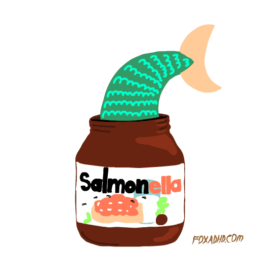 Cartoon gif. A wiggling fish is stuck headfirst in a jar of hazelnut spread...or is it? Though the design looks familiar, the jar actually reads "Salmonella".