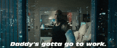 Movie gif. Dwayne Johnson as Luke Hobbs in Furious 7 sits in a hospital bed with a cast on his large arm. He looks out the window with a serious expression as he says, “Daddy’s gotta go to work.”