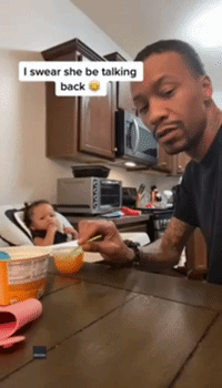 'You Want Beef?': Baby Girl Challenges Dad With Hilarious Vocalizing During Mealtime