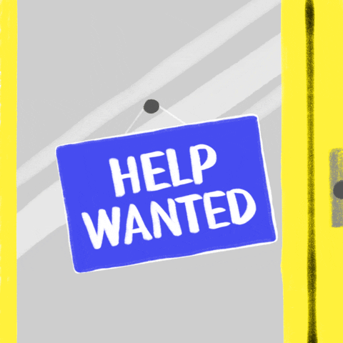 Digital art gif. Blue sign swings on a hook over a glass window background. One side says, “Help wanted.” The sign flips and reads, “Election workers needed in Pennsylvania.”