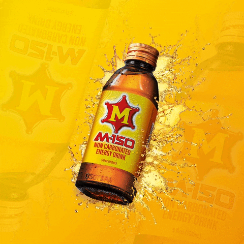 Ad gif. The text, "Happy Wednesday, halfway of the week," surrounds a bottle of M-150 which sits in a splash of golden ember.