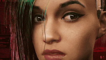 Video game gif. Closeup Judy Alvarez from "Cyberpunk 2077" scanning her eyes across the frame with a serious expression on her face as a sequence of challenging math equations appear in front of her face.