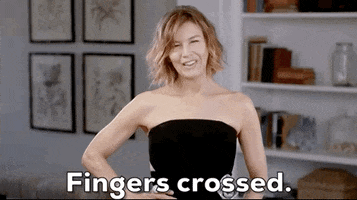 Celebrity gif. Actress Renee Zellweger appearing for the 2021 Indie Spirit Awards says "Fingers crossed!"