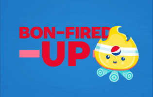 Ad gif. Chibi-like illustration of a smiling campfire with the Pepsi logo on its forehead. Text, "Bon-fired-Up."