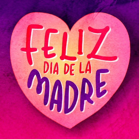 Digital art gif. Animation of a beating pink and yellow ombre heart shape with the words "Feliz Dia De La Madre" inside of it, against a purple and pink ombre background.