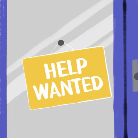 Digital art gif. Yellow sign swings on a hook over a glass window background. One side says, “Help wanted.” The sign flips and reads, “Election workers needed in Michigan.”