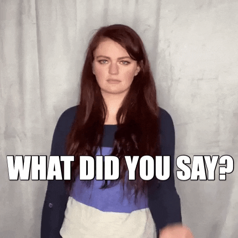 Celebrity gif. Ryn Dean looks at us and brings her hand up to her face to face palm. Text, “What did you say?”