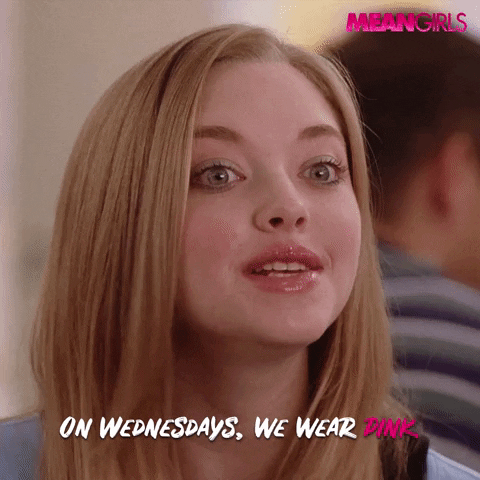 Movie gif. Amanda Seyfried as Karen in Mean Girls. She looks proud as she tells us, "On Wednesdays we wear pink."