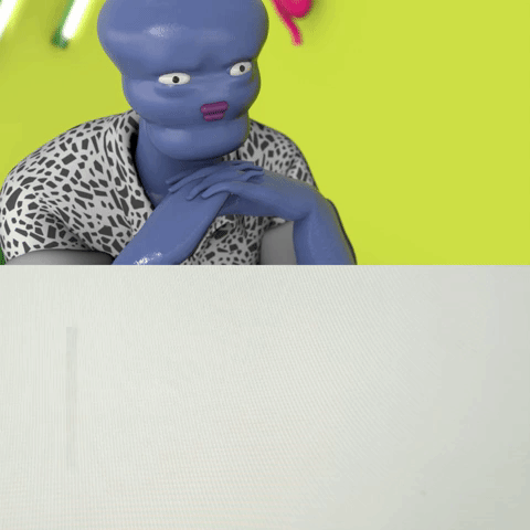 Digital art. Blue man that almost looks like Handsome Squidward, but with puckered lips stares blankly, just blinking. He has his fingers folded and under his chin. Under him is a blinking typing line with no text around it, like there’s no thoughts to even type.