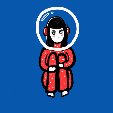 An animated gif illustration. It shows a woman wearing red pajamas with an astronaut bubble over her head, sitting facing us with her knees up to her chest. She is rotating around in a circle like the face of a clock. The background is plain blue.