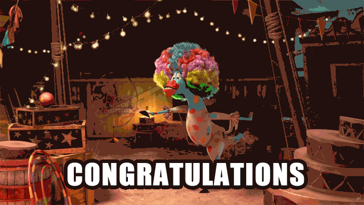 Gif přání k svátku s tancující zebrou v paruce z filmu Madagaskar a nápisem "Congratulations". 