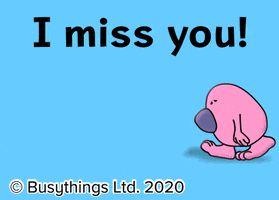 Cartoon gif. A big-footed pink creature with a big blue nose sadly mopes back and forth across a blue background. Text, "I miss you!"