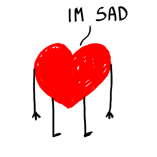 Illustrated gif. Scribbly red heart with arms and legs but no face with a speech bubble that reads "I'm sad."