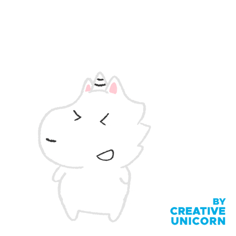 Pohyblivá animace s bílým jednorožcem vyskakujícím radostně do vzduchu a nápisem "congrats". 