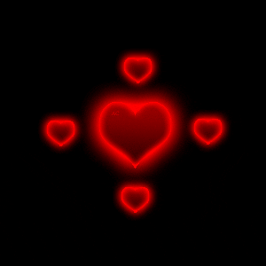 Digital art gif. Four glowing red hearts dance around another, bigger glowing red heart.