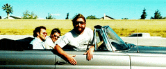 Movie gif. In a scene from The Hangover, we see a side view of our heroes driving along a highway in a silver convertible. Zach Galifianakis as Alan leans out to the car's right to point at us derisively.