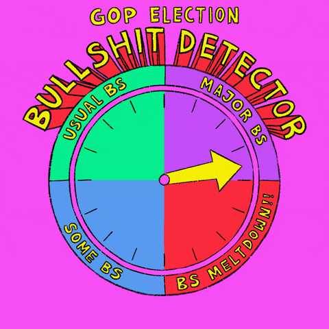 Illustrated gif. Brightly colored wheel labeled "GOP election bullshit detector," the arrow spinning around past "Some BS," "Usual BS," "Major BS," landing on "BS meltdown," which in turn melts into dripping slime on a fuchsia background.