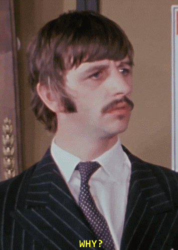 Celebrity gif. Ringo Starr tilts his head and has a concerned look on his face as he says, “why?”