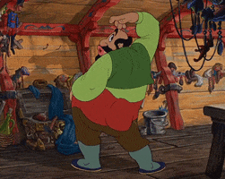 Animation gif. Mangiafuoco from Pinocchio, a thickset man in villager's clothing, is dancing saucily, shaking his generous hips left and right. His lips are pursed and his right hand is on top his head, emphasizing the curves of his body.
