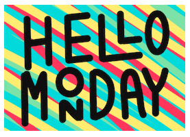 Text gif. Black text expands and contracts over a turquoise, pink, and pale yellow diagonal-striped background, reading, "Hello Monday."