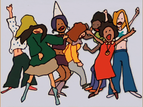 Kreslený sváteční gif s partou tancujících, slavících a usmívajících se žen.