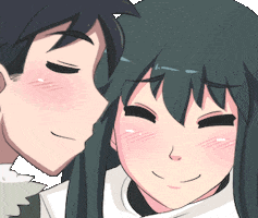 Anime gif. Smiling man leans in to kiss a woman on the cheek. As he kisses her, a heart appears and we zoom out to see they are standing in a snowstorm.
