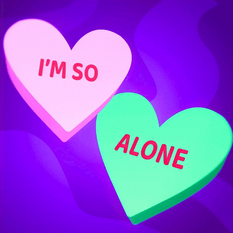 Digital art gif. Pink and green conversational hearts dance together over a wavy blue background with the message, “I’m so alone.”