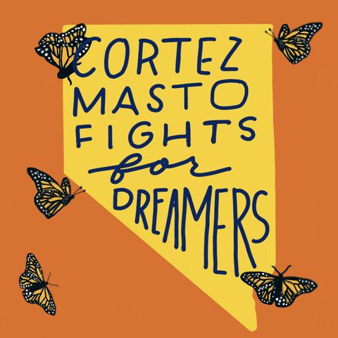 Illustrated gif. Yellow graphic of Nevada on an orange background, a message in pencil font within, Monarch butterflies flying all around. Text, "Cortez Masto fights for Dreamers."